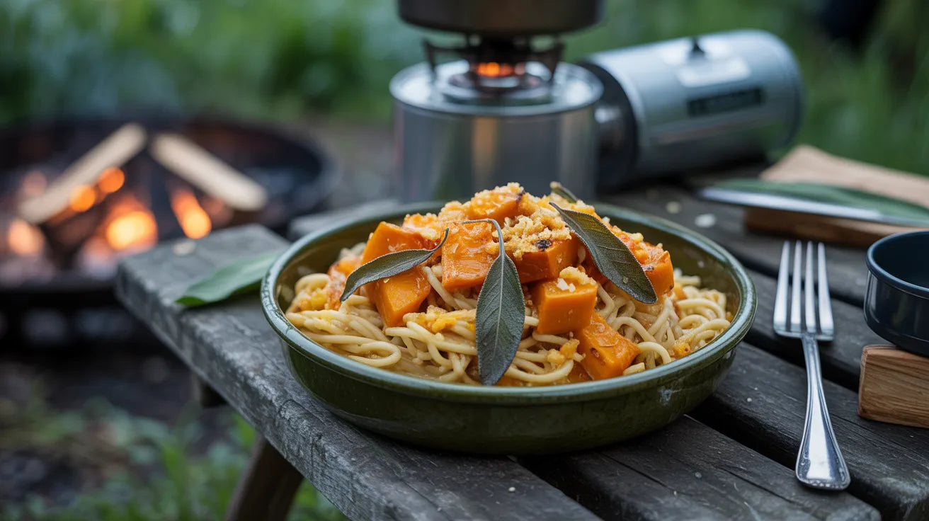 Pasta con Calabaza, Salvia y Pan Tostado al Ajo para Camping